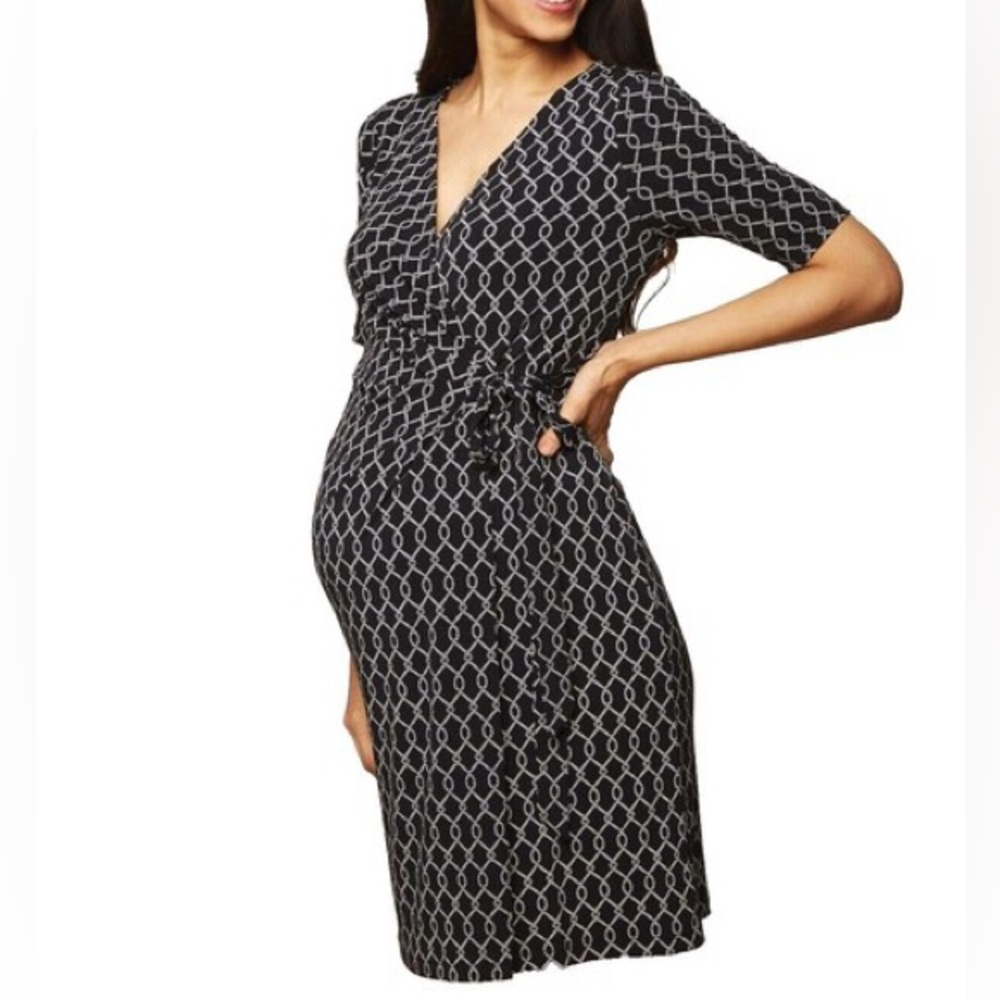 Ripe Maternity Black Print faux Wrap Dress 3/4 Sleeve